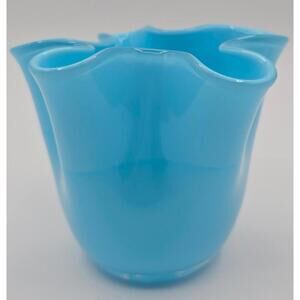 Vintage Fenton Turquoise Blue Opaque Crimped Rim Vase Hand Blown